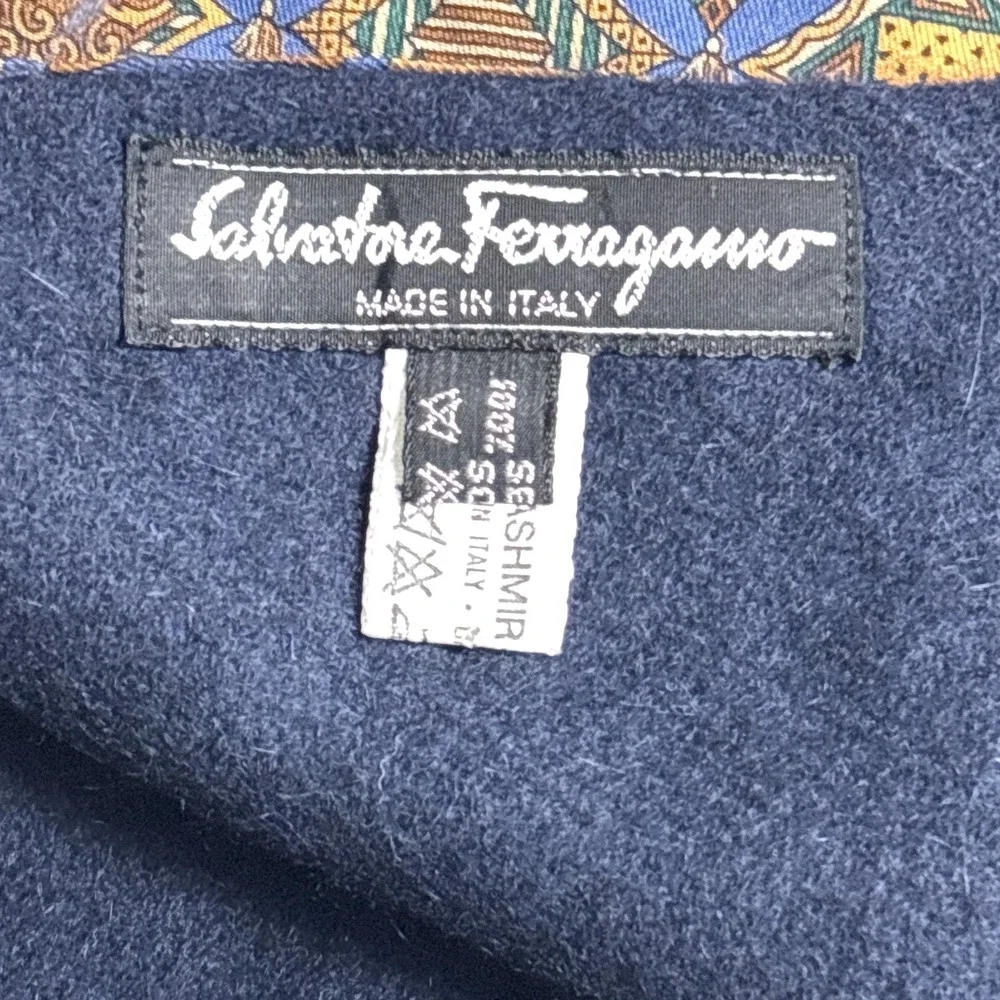 Salvatore‎ Ferragamo Silk Cashmere Winter Scarf Mens Blue Gold Italy Geometric